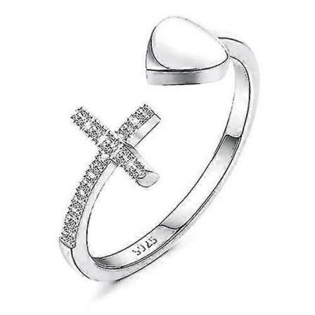 925 Sterling Silver Korsring För Kvinnor Kärlek Hjärta Öppen Ring Cubic Zirconia Vitguldpläterad Justerbar Ring [DB]