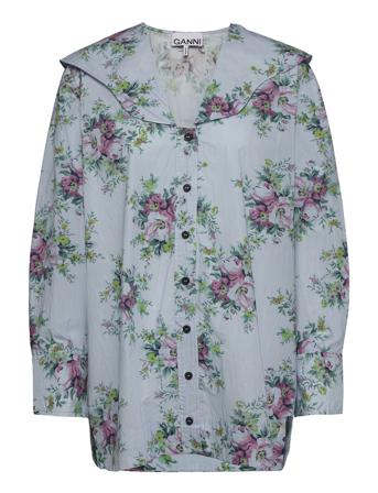 Printed Cotton Poplin Pitkähihainen Pusero Paita Sininen Ganni
