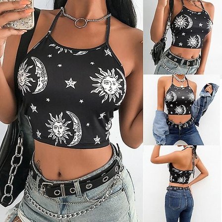 Dame Stjerner Måne Print Halter Sexet Camisole Dame Crop Top Sommer Ærmeløs Elastisk Sort Tank Toppe