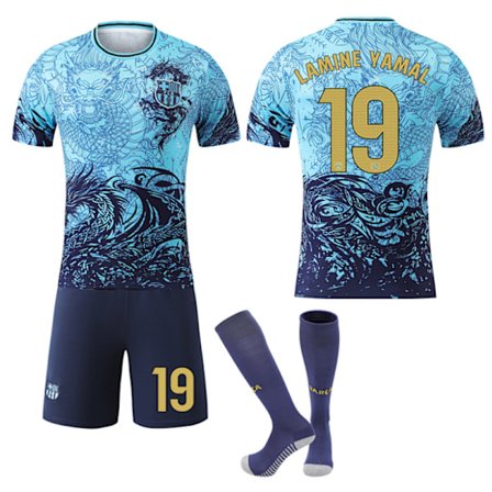 25-26 Sininen Lohikäärmekuvio Erikoisversio NO.19 Lamine Yamal Pelipaidat Lapset Aikuinen Jalkapallovarusteet Sukkien kanssa NO.19