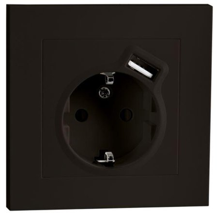 SG Stikkontakt innfelt Sort Enkel m/j + USB-A lader 2,4A