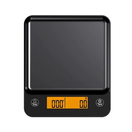 Sort digital kaffevægt med timer — 0,1g præcision, 3kg kapacitet, berøringssensor, multi-enheder g/Lb/Oz, auto-timer og auto-off
