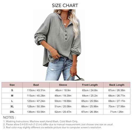 Bluse Lang Ermet V-Hals Knapp Ren Farge Casual Trendy Hette Topper for Kvinner Grå L