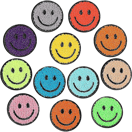 12 stk Smiley Ansigts-Stryge-Patches Lykkelige Ansigts Chenille Patches Til Tøj Kjole Jakker Smiley Patches Til Hatte Sød Broderi Patch DIY Håndværk A
