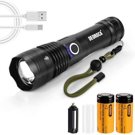Ultra kraftig LED-lommelygte, 10000 lumen XHP70.2 LED zoom-lommelygter, USB genopladelig taktisk lommelygte 5 lystilstande, med 2 batterier med høj 