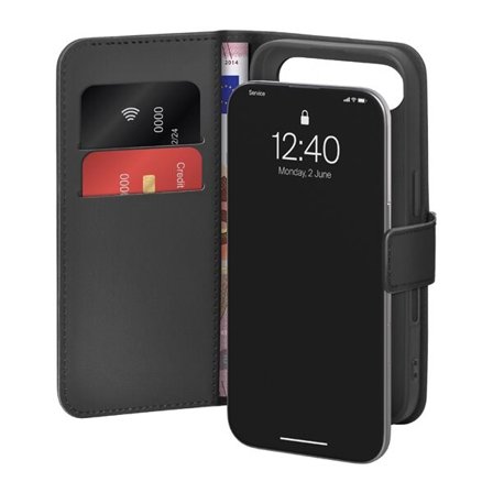Puro Wallet Stand Case for iPhone 17, ekologista nahkaa, läppä, lompakko, jalustatoiminto - musta