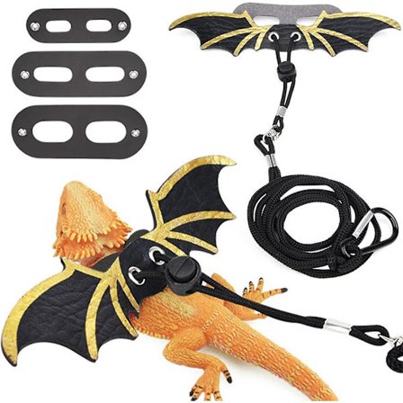 3-pak skægget agame snore og seler, skægget agame sele, blødt læder aftagelig justerbar krybdyr firben vinge snor (sort)