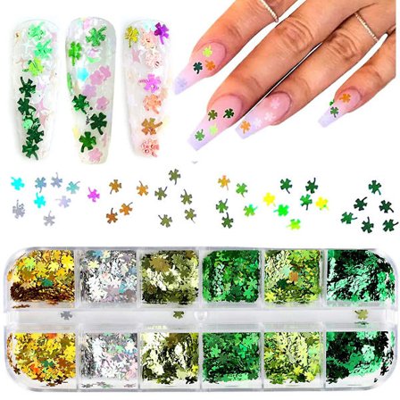 Shamrock Nail Art Sticker Dekaler Nail Glitter St. Patrick's Day Clover Shiny 3d Nail Art Supplies Flakes Holographic 12 Grids Colorful Green