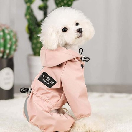 Vandtæt hunderegnfrakke med ben, reflekterende striber, justerbar snøre og hætte, let regnjakke til små og mellemstore hunde, pink