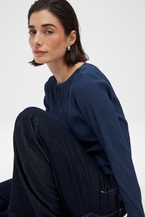 NA-KD Langärmeliges plissiertes Oberteil - Langarmshirts - Marine - M (EU 38-40)