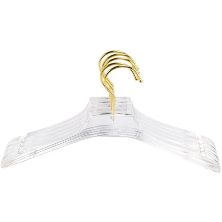 5 stk. sæt klare akryl tøj bøjler med guld krog, gennemsigtige skjorter kjole bøjler med hak til dame barn S