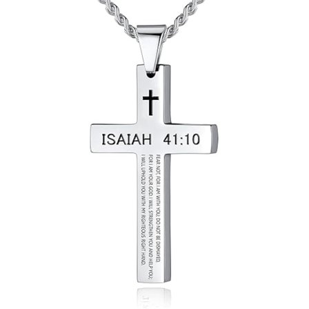 Herre Halskæde i Rustfrit Stål med Kors - 20-24" Kantkæde m/ Bibelvers - Sort/Sølv Tro Smykkegave til Ham