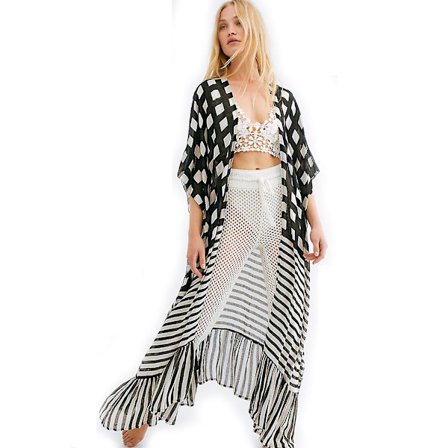 Randig cardigan med tryck, strandkläder, blommig ram, bikiniöverdrag