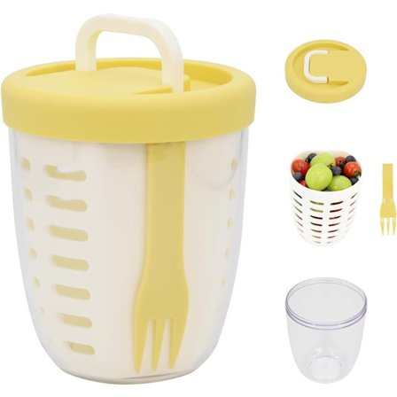 Frugtskål - Salatskål - Lækagesikker genanvendelig madbeholder med låg og dræningskurv - Velegnet til arbejde, skole og rejser. - 650 ml (Gul)