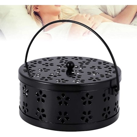 Klassisk mygghållare (Svart, 13,5 cm i diameter) Portabel mygghållare i metall med lock, anti-skållningssäker, vintage genombruten design