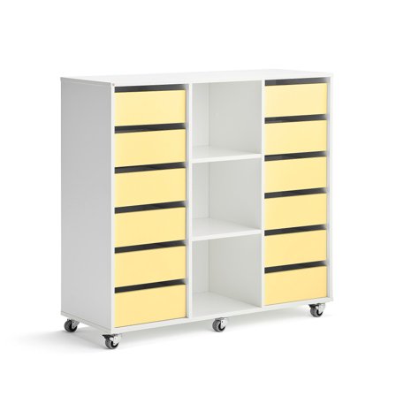 Student storage CASPER, 12 drawers, 3 compartments, white, yellow