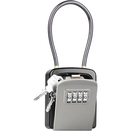 Nøglesafe, [Vejrbestandig] Bærbar nøgleboks til nøgler udendørs med aftagelig wire-reb-bøjle, ophængningsbar kombinationsnøglesafe vægmonteret (grå)