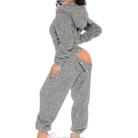 Naisten seksikkäät aikuisten onesie-pyjamat takataskulla, fleece, huppari, haalari, pörröiset naisten yöasut - lingling} Harmaa[GKS] Gray Large