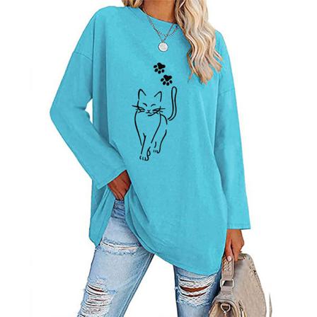 Dam Cat Print Logline Tunika Blus Baggy Crew Neck Pullover