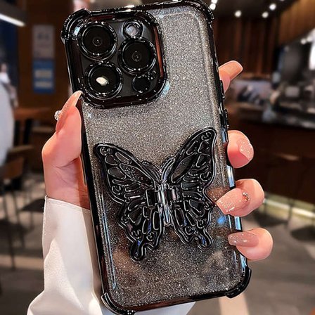 iPhone 15 Pro Max telefoncover med sommerfuglestativ, stativet kan åbnes.