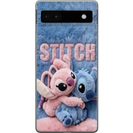 Kompatibelt Mobilskal till Google Google Pixel 6a Söta fluffiga Stitch och Angel kramas på ett mjukt pälsigt underlag med pastellfärger som skapar