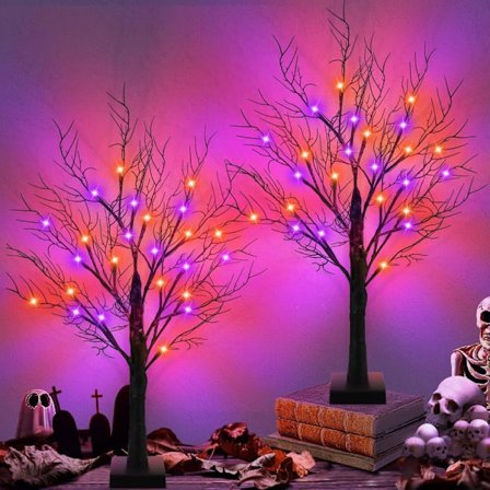 2-pak Halloween natlampe & halloweendekoration – sort træ med 24 LED-lys, 24 tommer_TF_TF