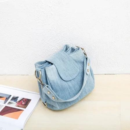 Casual Denim Bucket-väska för kvinnor Axelväska Crossbody-väska Flera fickor damhandväska Lyxig design Kvinnlig stora väska blå