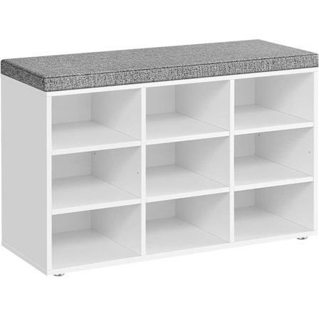VASAGLE skobænk, opbevaringsbænk med polstret sæde, entrebænk med 9 rum, hvid og grå