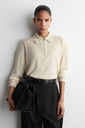 COS Women's Merino Wool-Yak Zip-Up Polo Shirt in White