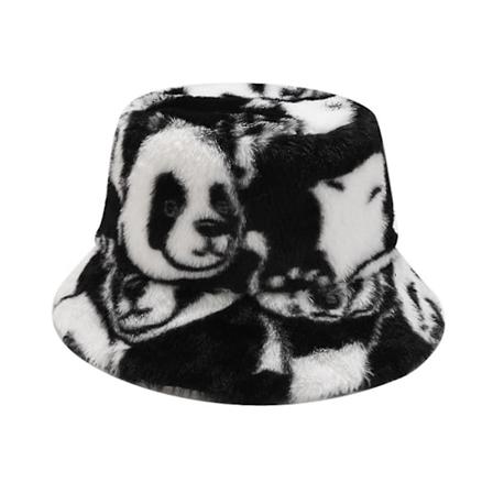 Höstfiskarehatt för kvinnor, konstgjord päls, hinkhatt, tecknad panda, plyschmössa