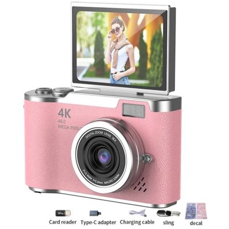 4K Digitalkamera 48MP med Flip-skærm Pink – Selfie-kamera med 8x Zoom + 32GB Hukommelseskort - Vlogging-kamera - Kamera til Børn og Voksne