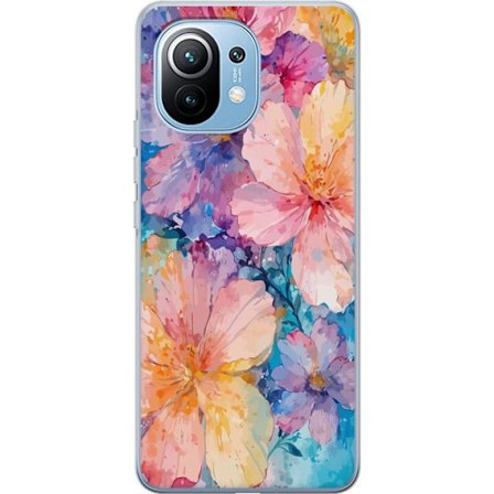 Kompatibelt Mobildeksel til Xiaomi Xiaomi Mi 11 Akvarellmaling med store blomster i rosa, blå og gule toner i en myk kunstnerisk stil.