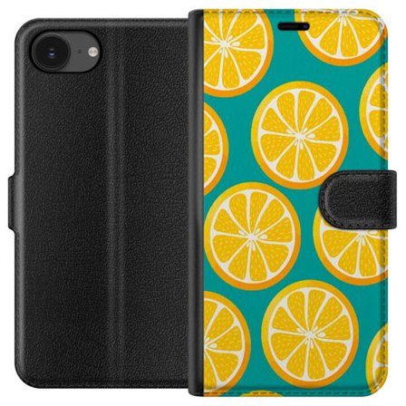 Kompatibel Tegnebogsetui til Apple iPhone 16e Grafisk mønster med gule citronskiver på turkis baggrund i moderne design