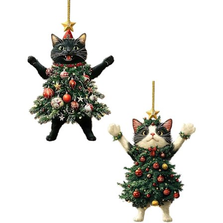 Söta julgransprydnader med katt, julgransdekorationer med akrylkatt, ryggsäcksberlocker, roliga presenter till djurälskare - 2 stycken
