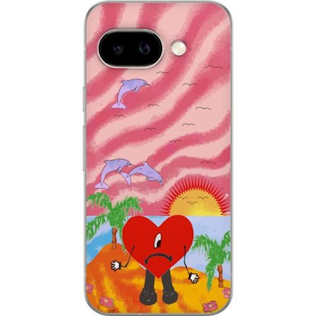 Kompatibelt Mobildeksel til Google Pixel 9a Bad Bunny i en fargerik quiltet jakke med hjertemønster og solbriller i moderne gatestil