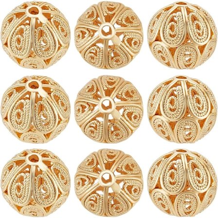 1 eske med 20 runde perler av 18 karat gullbelagt messing, filigranperler, hule perler, løse perler med et hull på 1,6 mm for øredobber, armbånd, 