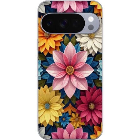 Kompatibelt Mobilskal till Google Google Pixel 10 Pro XL Färgrikt blommönster med stora lagerblad i rosa, gult, blått och vitt, dekorativ botanisk