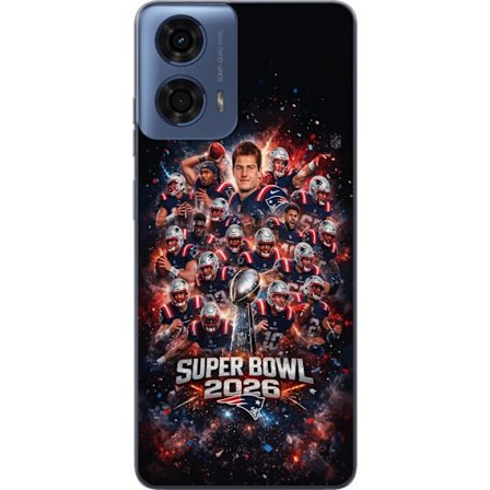 Yhteensopiva Puhelinkuori Motorola Moto G24 Super Bowl 2026 juliste, jossa New England Patriots ja NFL-mestaruuspalkinto räjähtävän urheilullisessa su