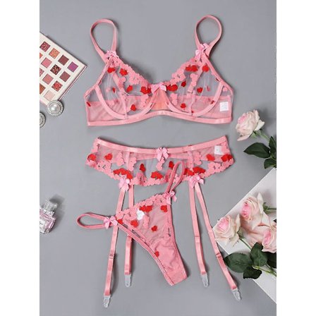 3-delt sexy Valentinsdag-undertøysett for kvinner i rosa, sexy undertøy med strømpebånd, modent sexhjerteundertøy for damer/YY