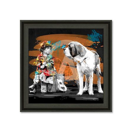 Træramme med tryk i PVC lakeret "Den lille pige, hunden og sommerfuglen" - Sort - 40 x 40 cm - Romaric kollektion