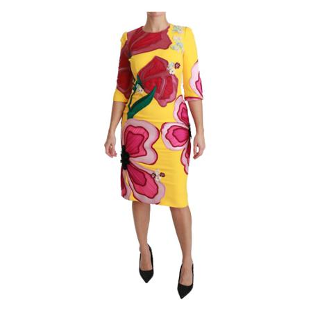 Dolce & Gabbana, Floral Crystal Bodycon Sheath Dress Geel, Dames, Maat:S,stretch,print