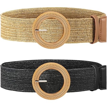 Dameflettet halmbelte med treaktig spenne Elastisk slank kjole midje belte 2 stk