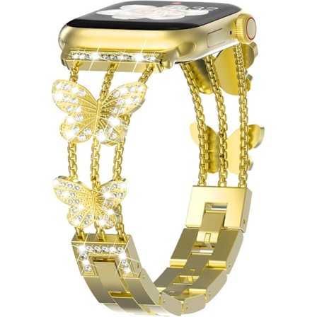 Armband kompatibel med Apple Watch för kvinnor, glittrande fjäril, fashion metall bling rostfritt stål länkarmband ersättningsband