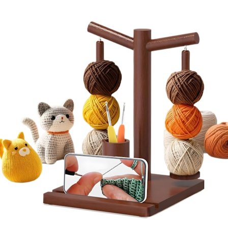 Hæklegarnholder med magnetisk trægarn Drejelig opbevaring Inkluderer opbevaringsplads til hæklenåle og telefonholder