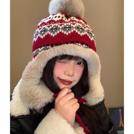 Strikket hue til kvinder med kunstig pelskvast - Vinter varm vindtæt tyk skihue dobbeltforet rød