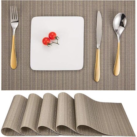 Set om 6 Bordstabletter, Vävda Tvättbara Bordstabletter för Kök eller Matbord Värmebeständiga Halkfria Tillverkade av Vinyl (30x45cm) (Ljusgrå)