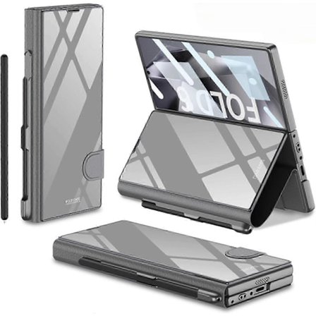 Skal för Samsung Galaxy Z Fold 6 med pennhållare, Z Fold 6 Skal Pläterat Glas Hybrid Läder Allomfattande Skal med Skärmskydd