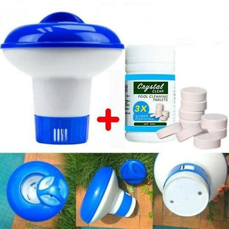 100 st Pool rengöringstabletter & flytande klor badtunna dispenser set