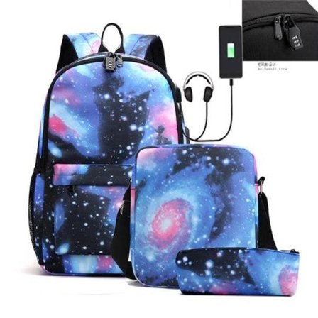 Ryggsäck barn pennfodral axelremsväskor pack med USB uttag (3st) stjärna blå 3st