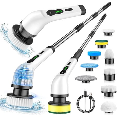 Elektrisk rengøringsbørste, 9 udskiftelige børstehoveder og justerbart langt håndtag (hvid)
